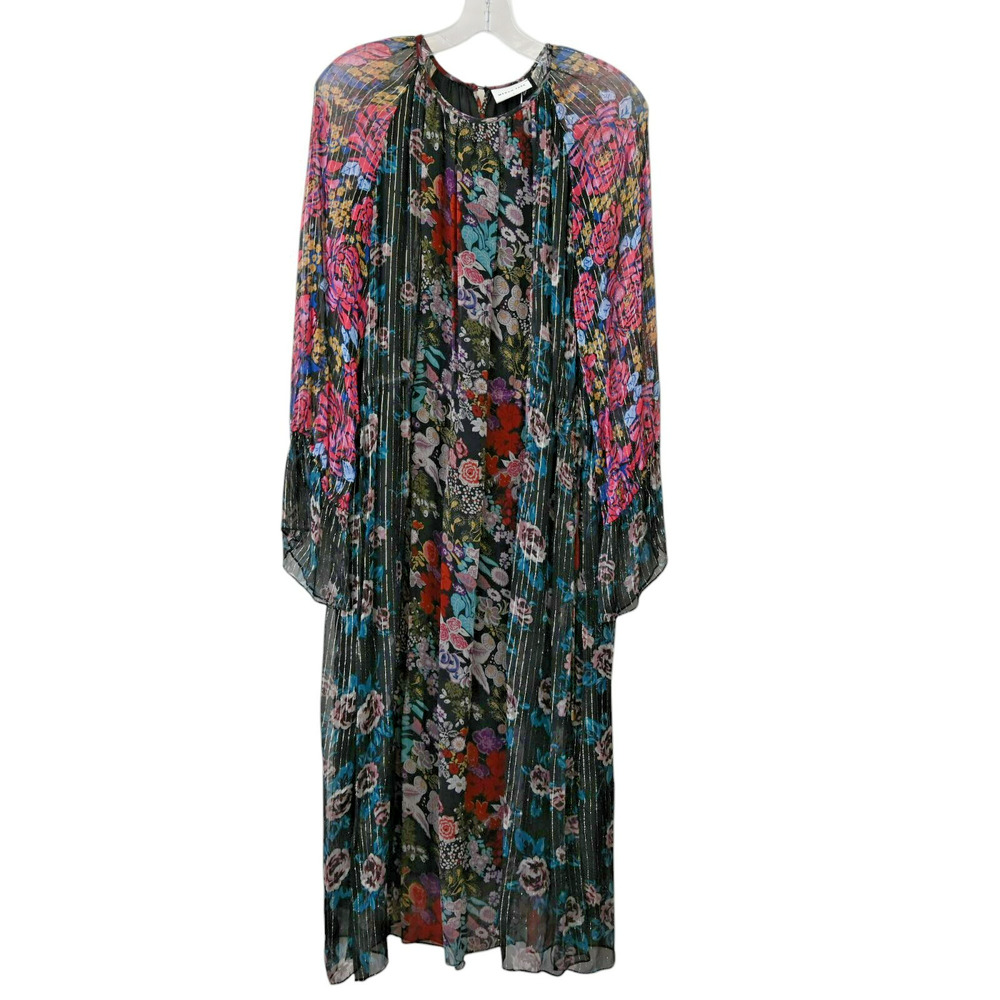 Megan Park Midi Dress Size 1 US Small Floral Print Gold Stripe Rain Drawstring